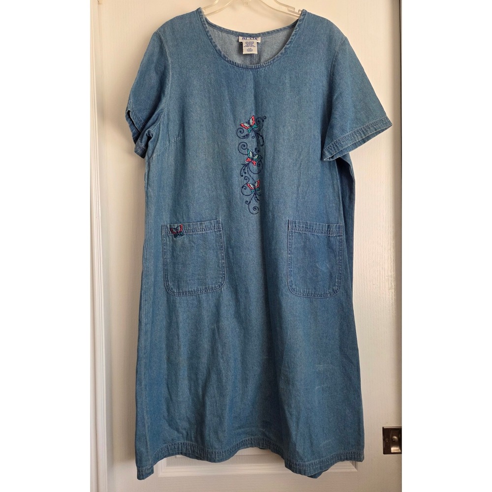 Blair Denim Dress Butterfly Embroidery Chore Pockets Sz L Vintage Cottagecore‎